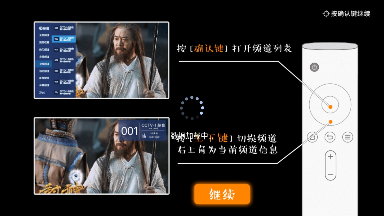 LiveTV 首次启动的操作引导页：确认键与方向键的用法